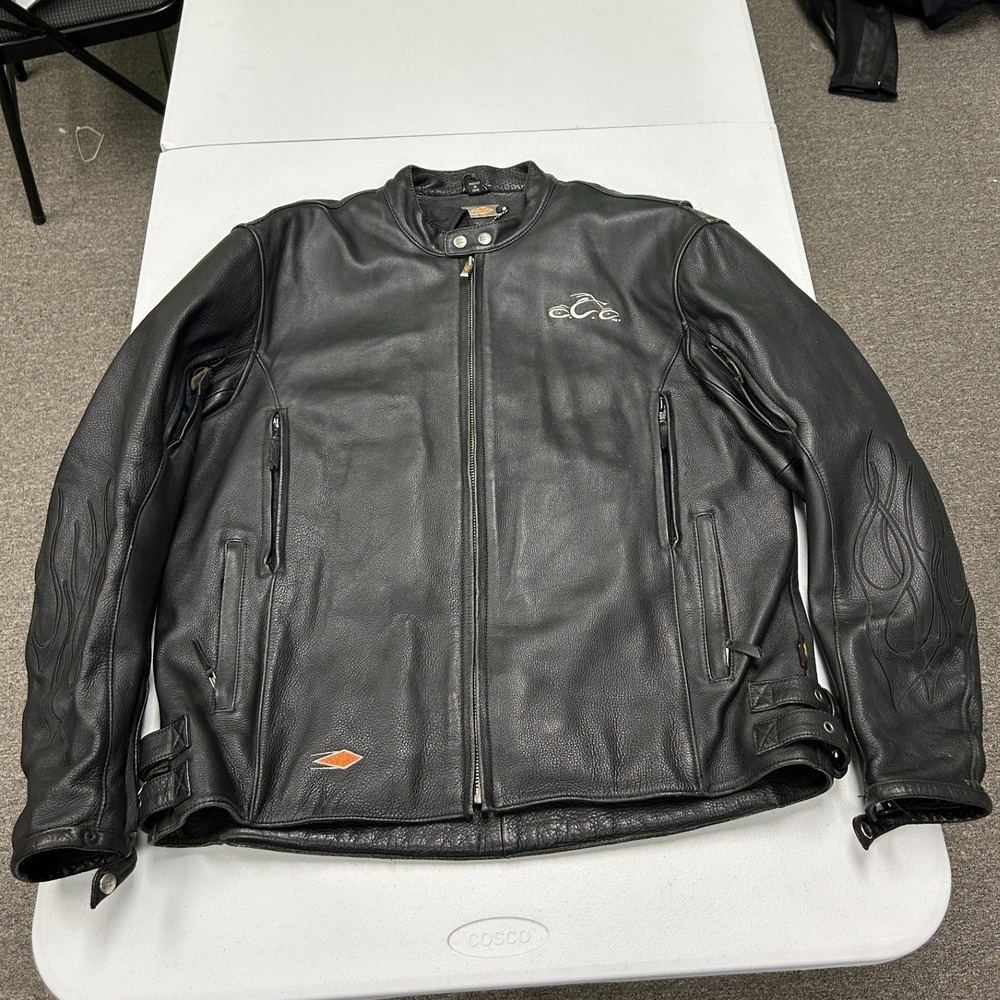 Orange County Choppers Leather Jacket Mens XL Black Flame Embroidered Vented